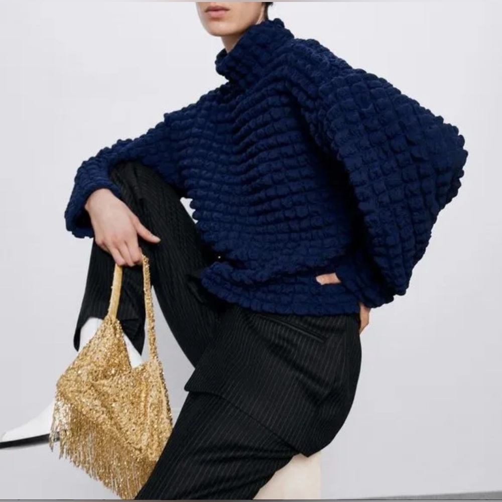 Zara - Blue Quilted Textured Long Sleeve Top With Mock Neck